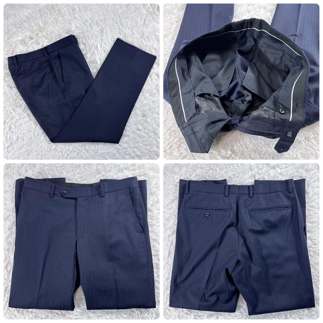 【美品】スーツセレクト スリーピーススーツ ストライプ A4 ネイビー スリム