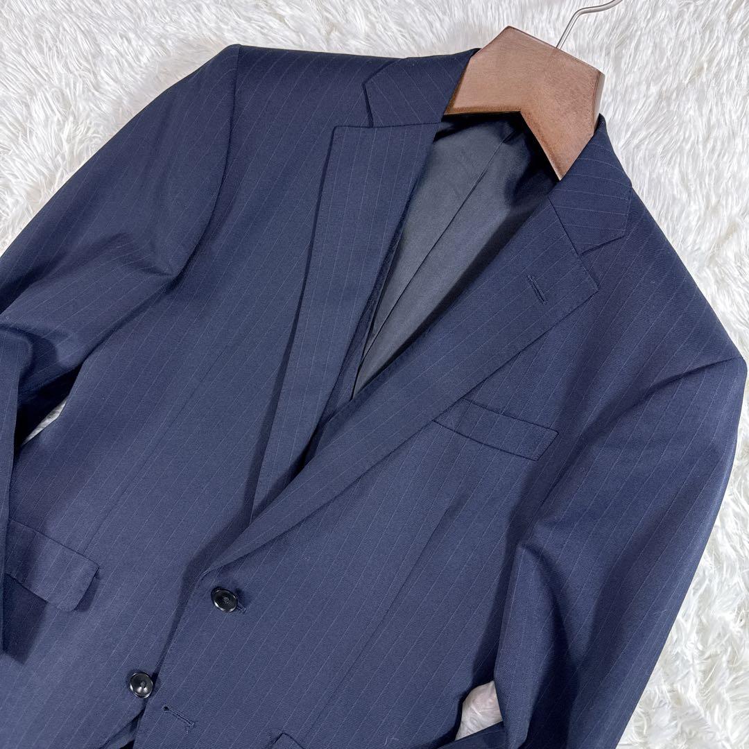 【美品】スーツセレクト スリーピーススーツ ストライプ A4 ネイビー スリム