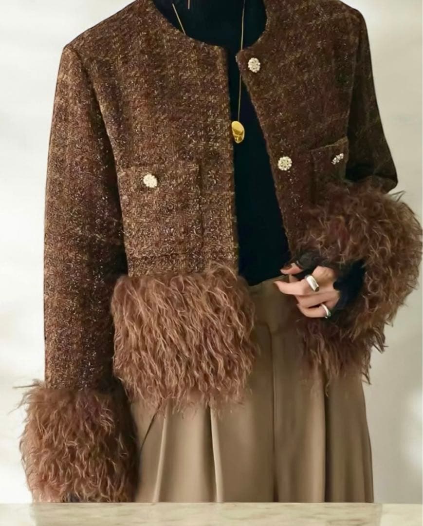 アンドレアアンドコー ツイードファージャケット ノーカラーコート ブラウン