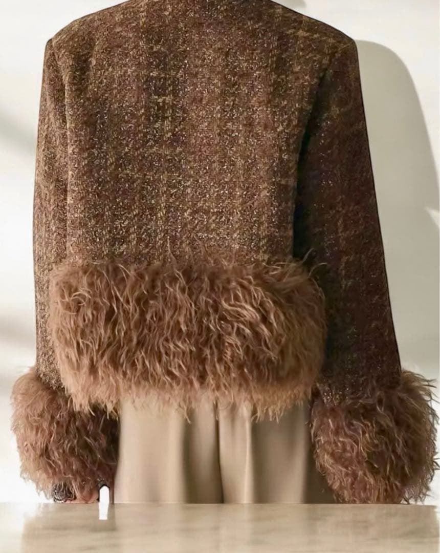 アンドレアアンドコー ツイードファージャケット ノーカラーコート ブラウン