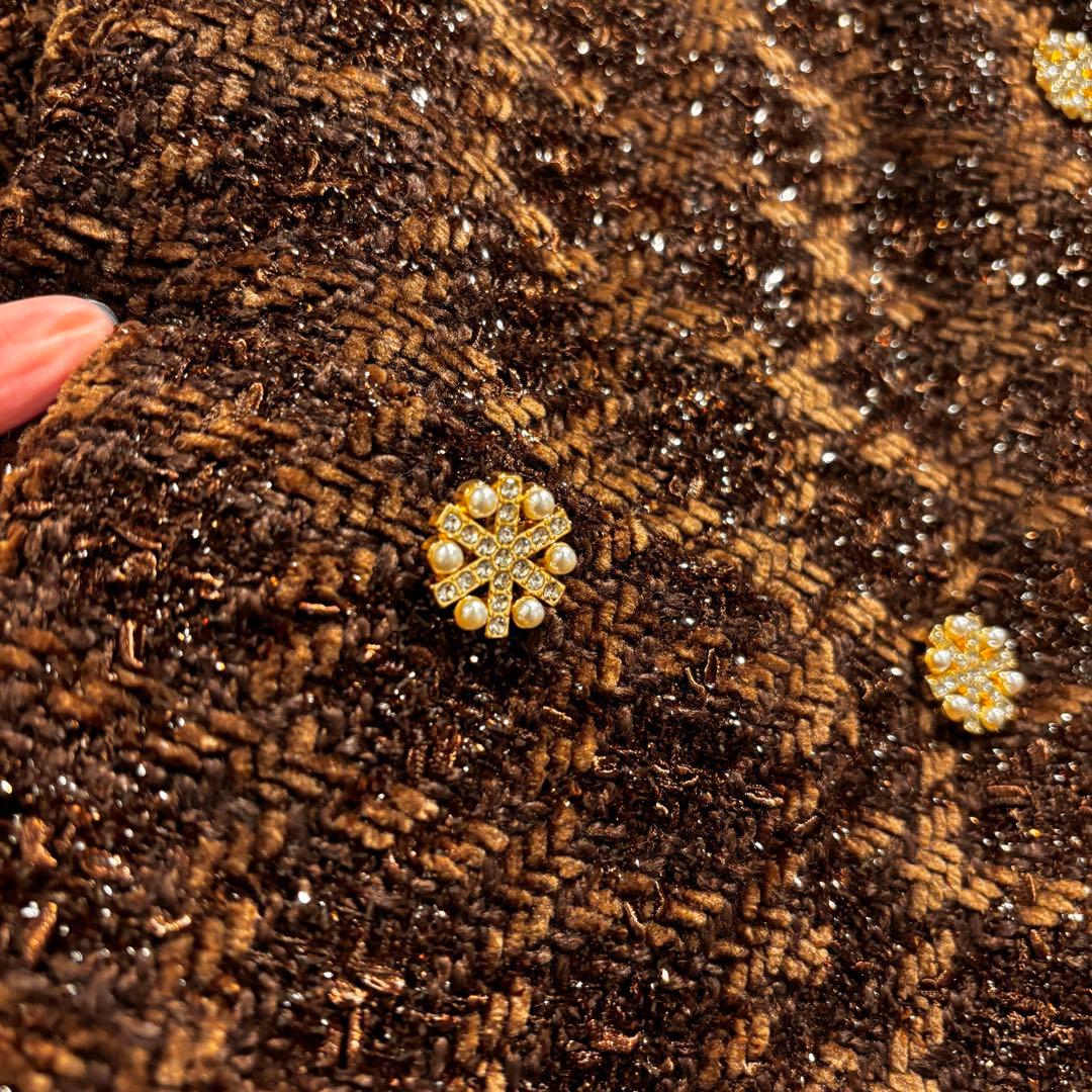 アンドレアアンドコー ツイードファージャケット ノーカラーコート ブラウン