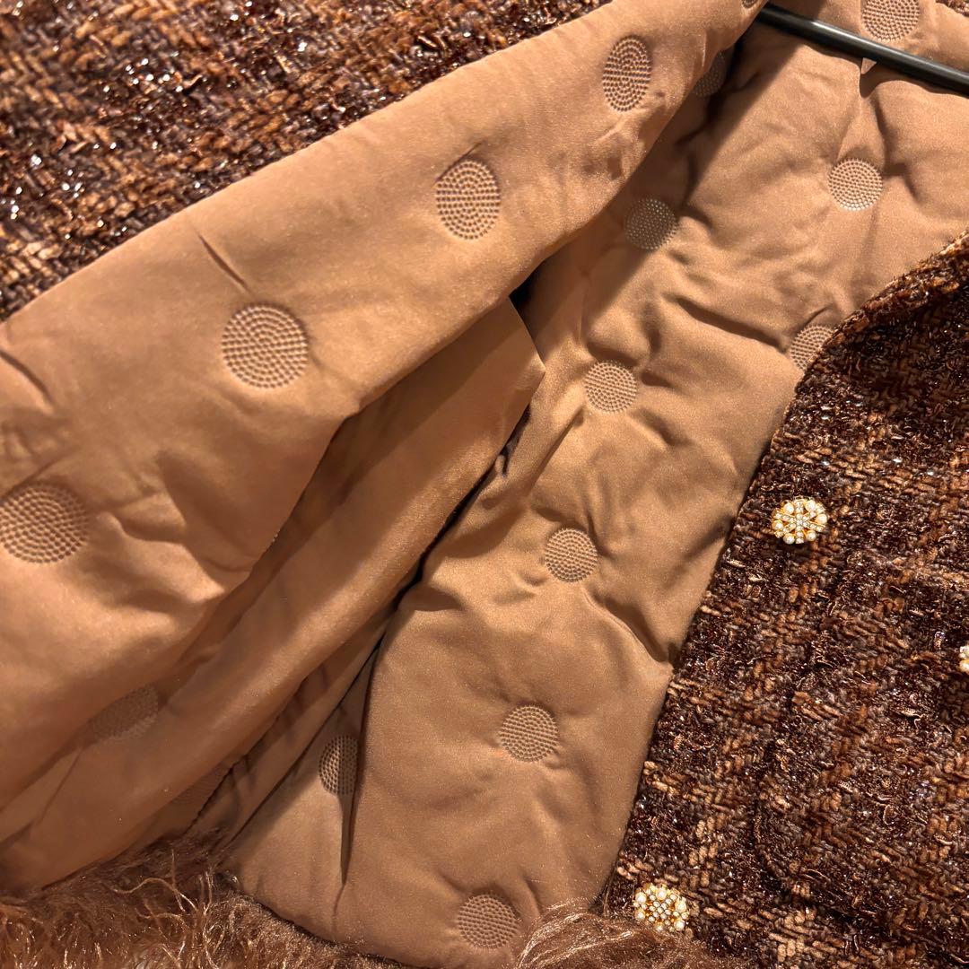 アンドレアアンドコー ツイードファージャケット ノーカラーコート ブラウン