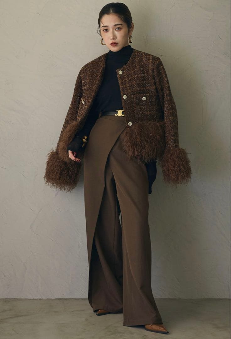 アンドレアアンドコー ツイードファージャケット ノーカラーコート ブラウン