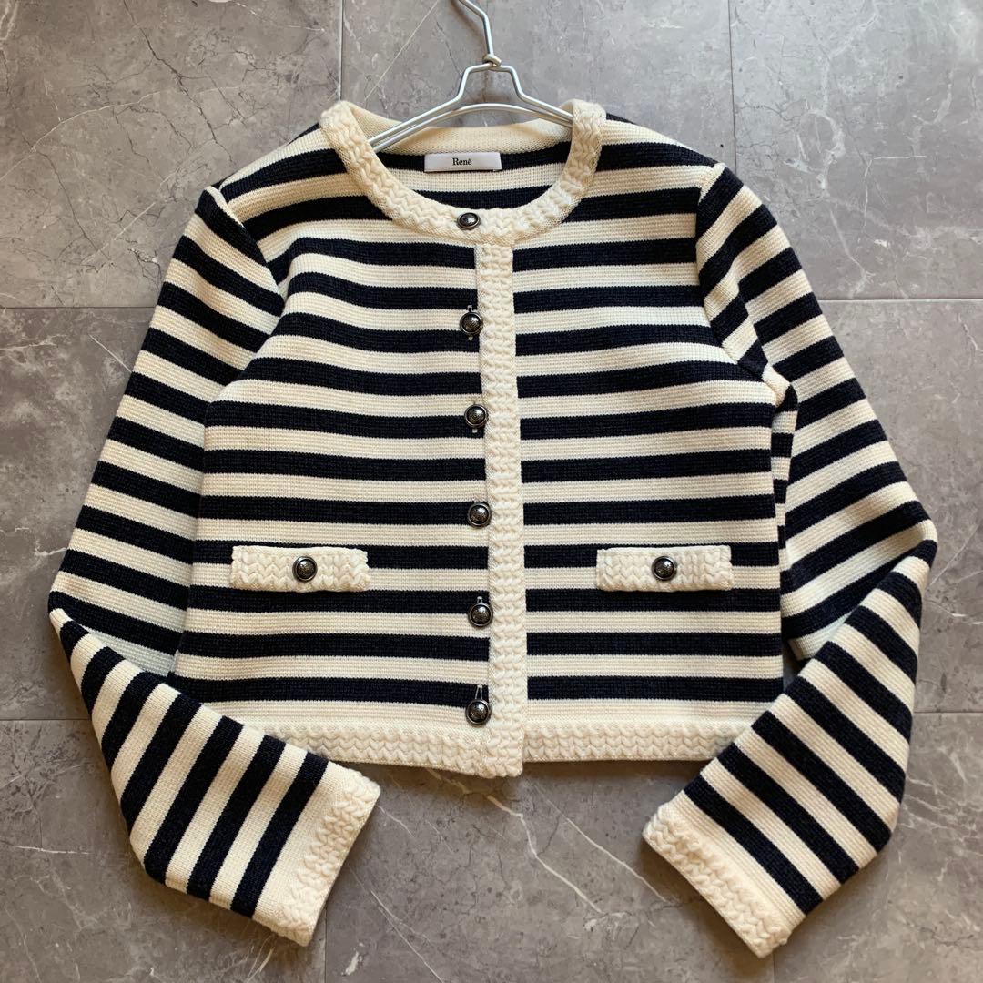 【美品】Rene ルネ ニットジャケット　ボーダー　ネイビー　銀ボタン　38