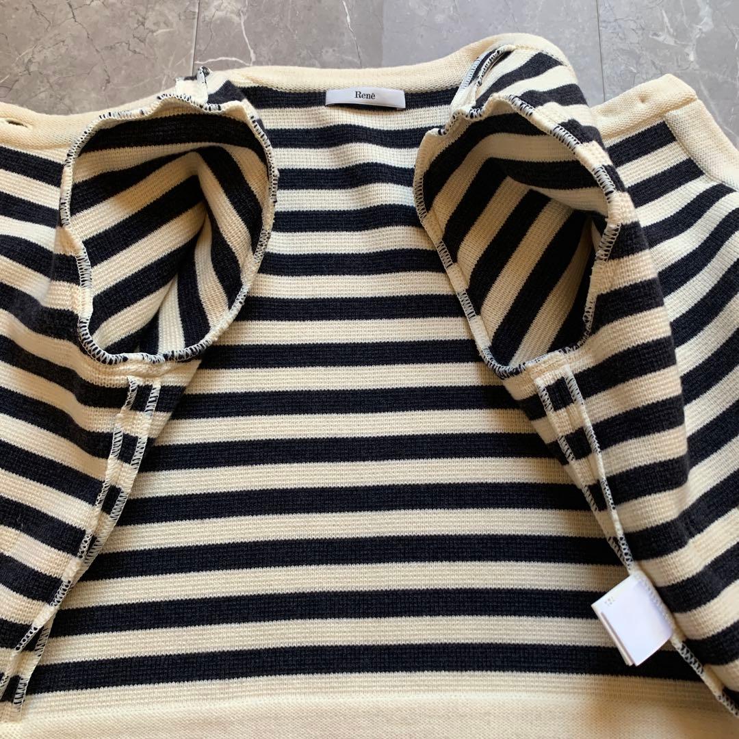 【美品】Rene ルネ ニットジャケット　ボーダー　ネイビー　銀ボタン　38