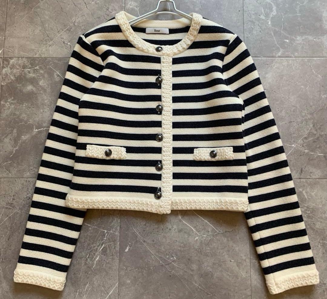 【美品】Rene ルネ ニットジャケット　ボーダー　ネイビー　銀ボタン　38