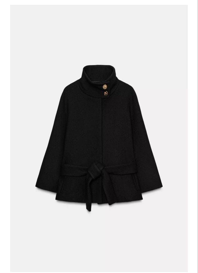 ZARA ウール製ケープスリーブショートコート、ベルト付き