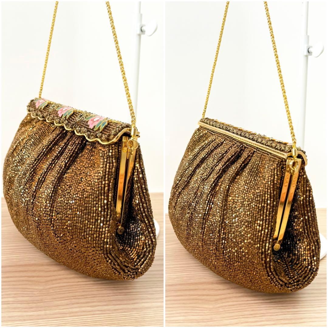 【激レア✨️】ルミーはしもと 花柄 ビーズバッグ チェーンクラスプバッグ ブロンズ