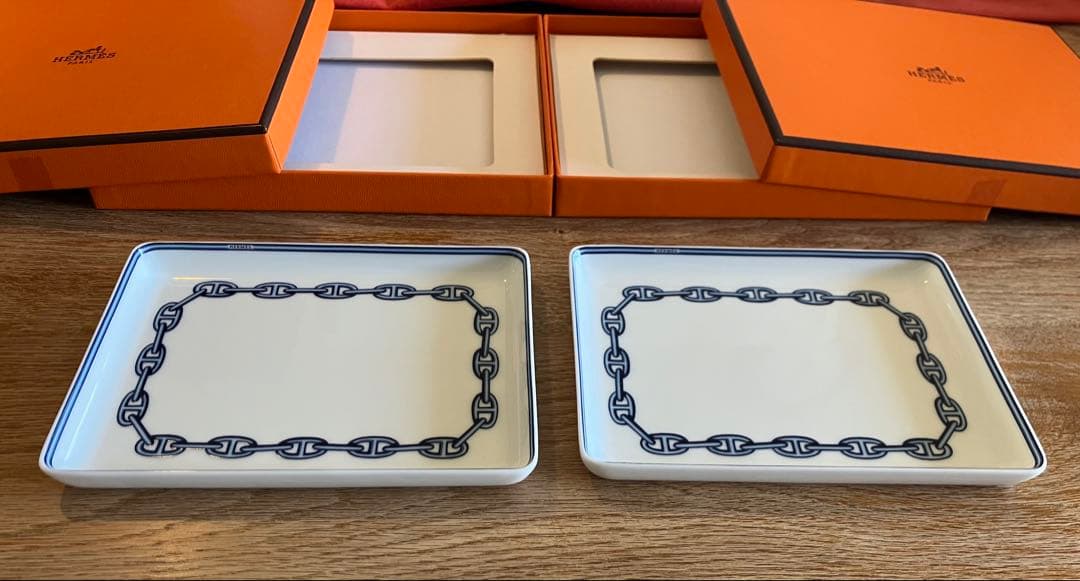 HERMES シェーヌダンクル(ブルー)スクエア皿2枚セット