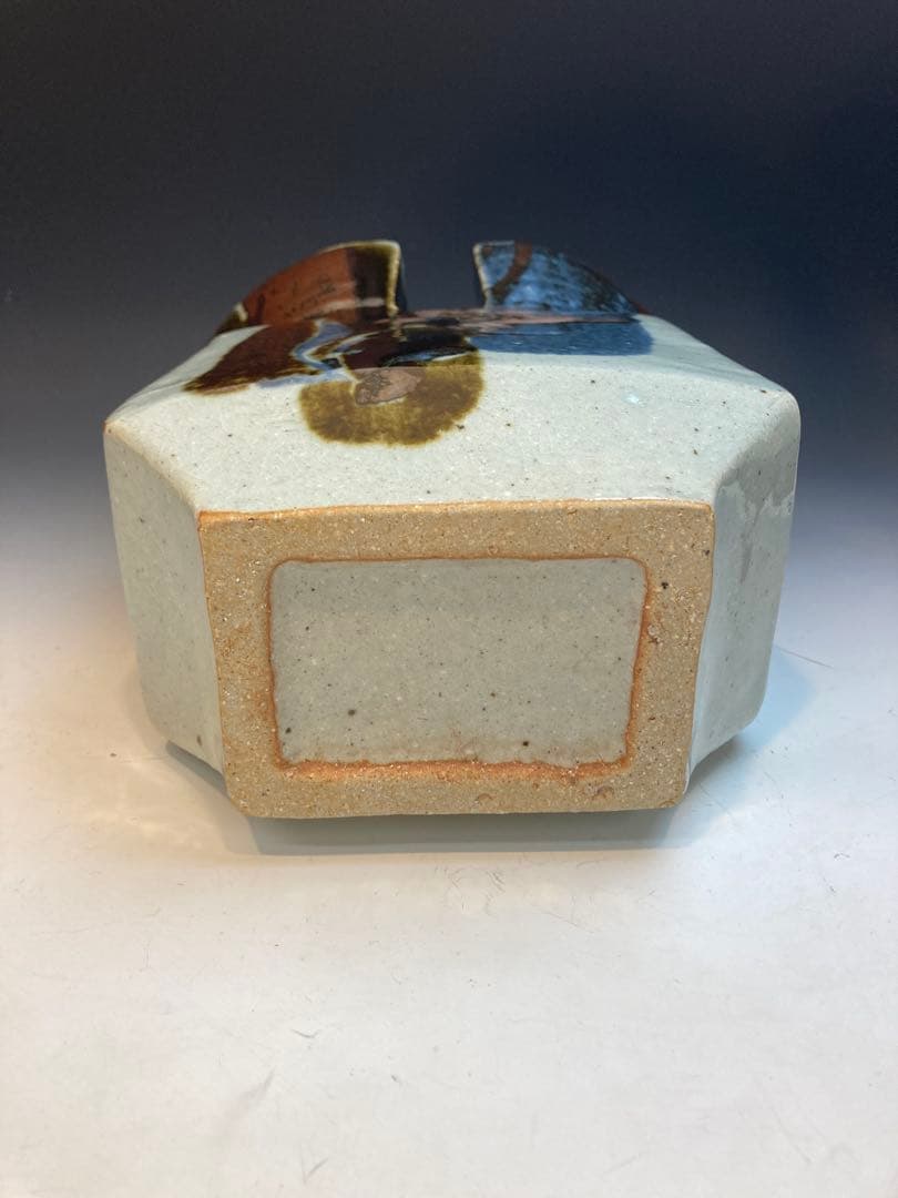 河井武一 作 花紋三色流扁壷 共箱 高さ27cm 河井寛次郎の甥・一番弟子