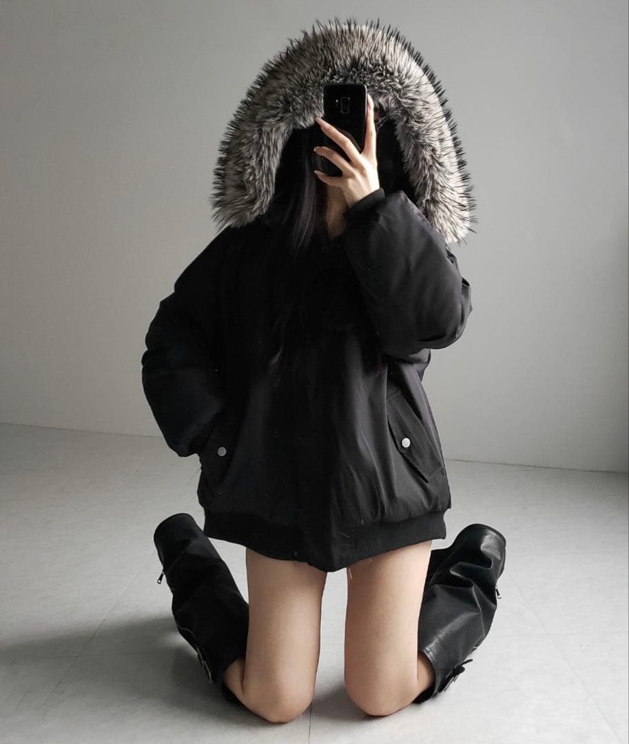 me+em select フェイクファーフーディビッグダウンジャケット