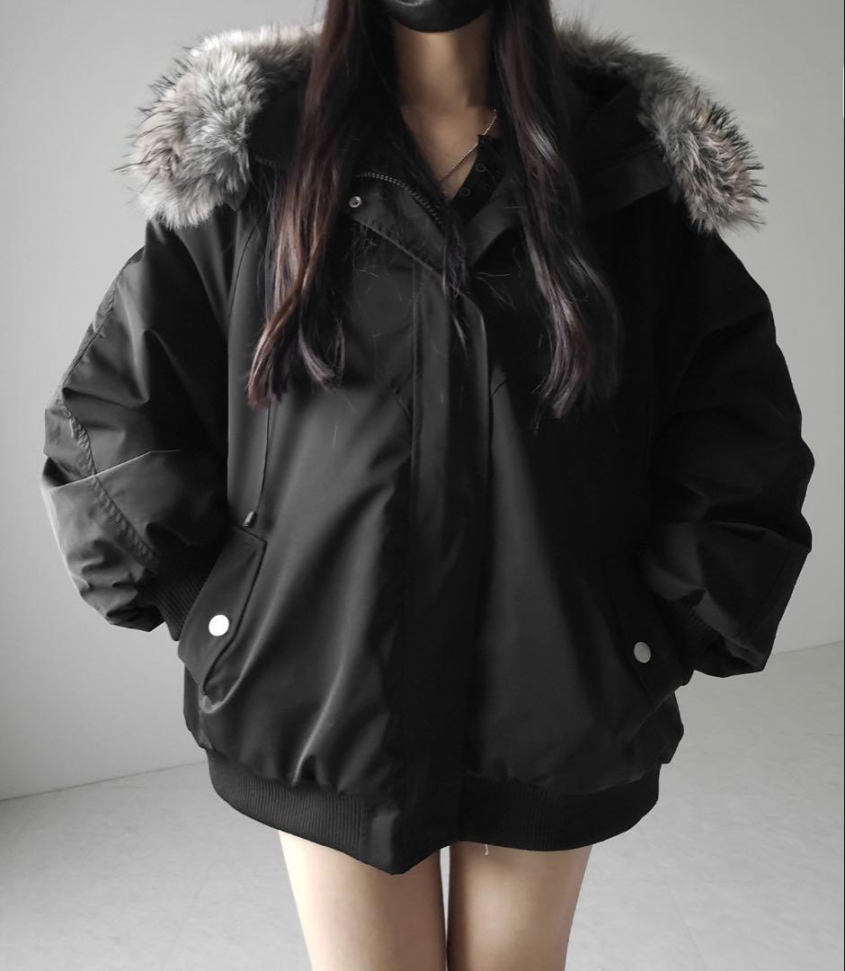 me+em select フェイクファーフーディビッグダウンジャケット