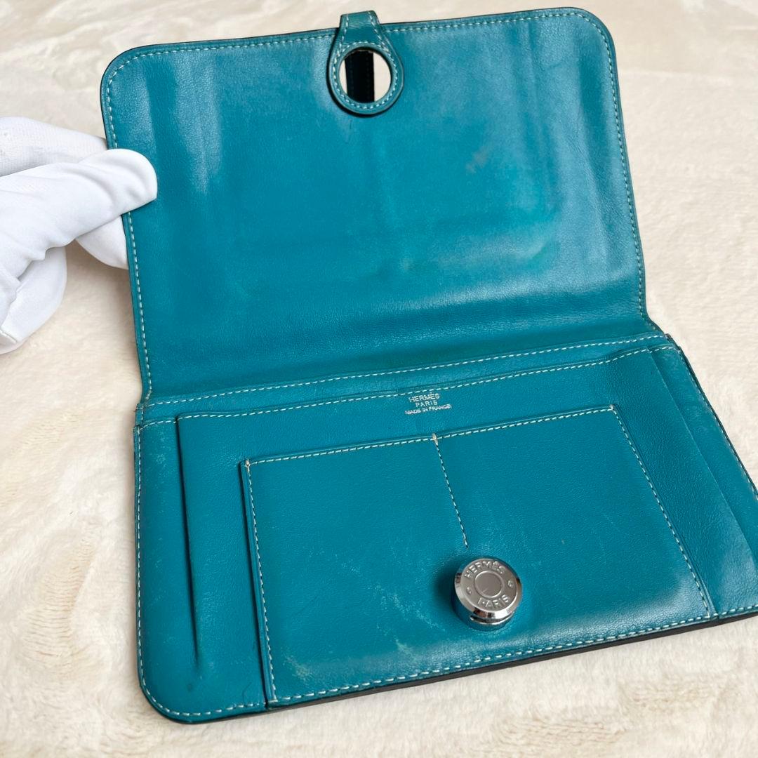 エルメス　ドゴンGM デュオ レザー ブルー 長財布 二つ折り 青