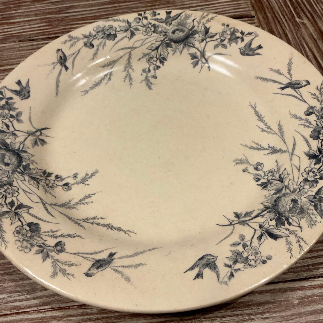 美品　フランスアンティーク　クレイユモントローリノットプレート　花　鳥