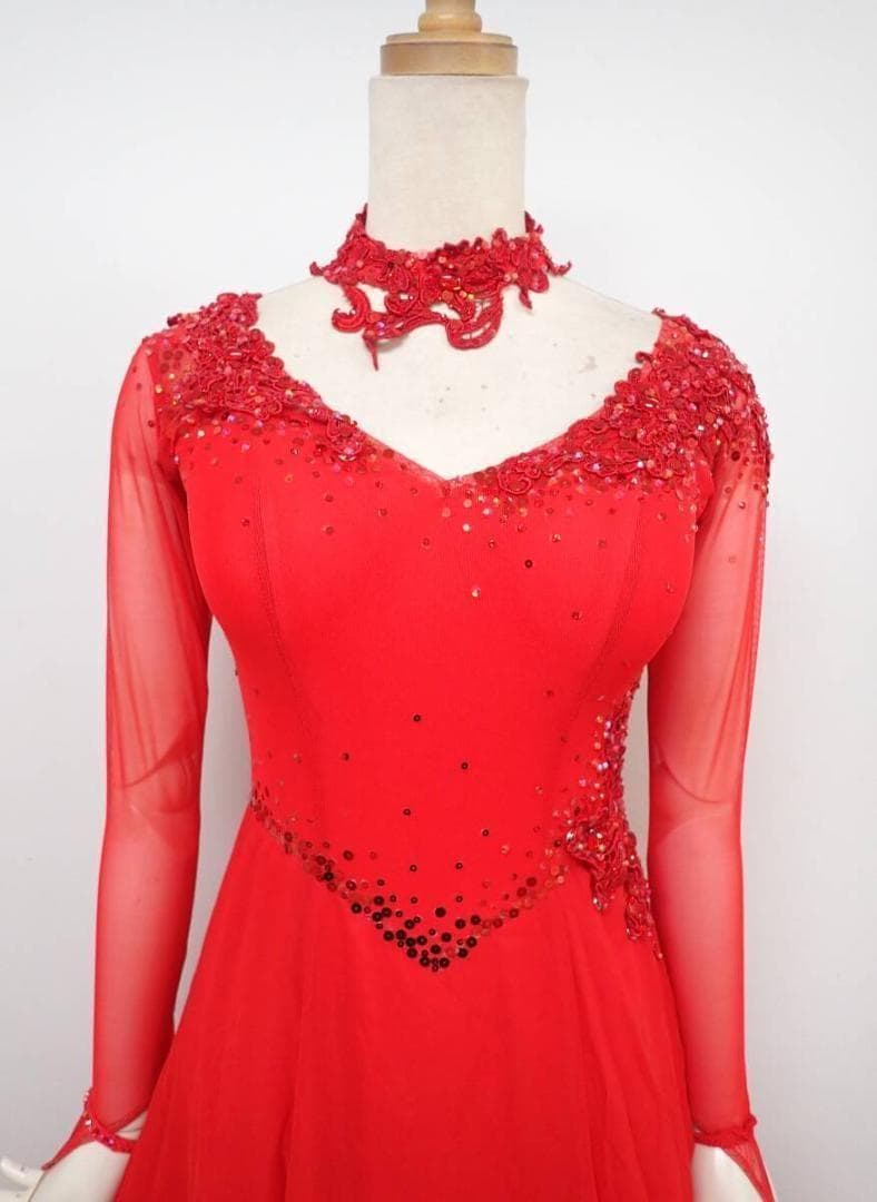 6361★タカダンス★赤/スパンコール/スタンダードドレス☆社交ダン