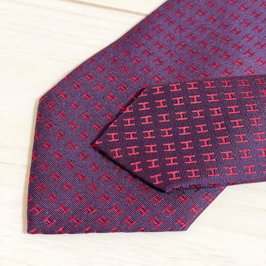 美品　HERMES　エルメス　ネクタイ　ファソネ　H柄　H織　ワインレッド　光沢
