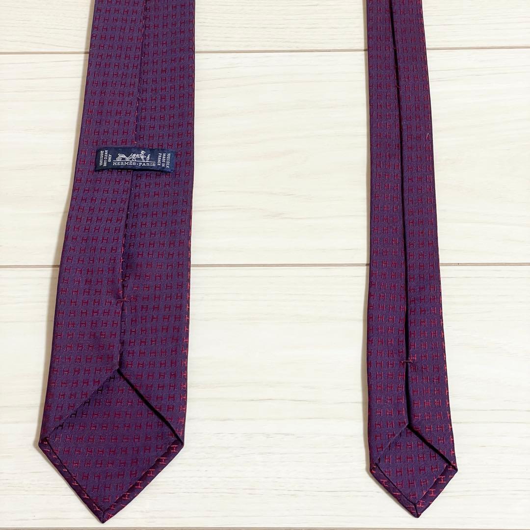 美品　HERMES　エルメス　ネクタイ　ファソネ　H柄　H織　ワインレッド　光沢