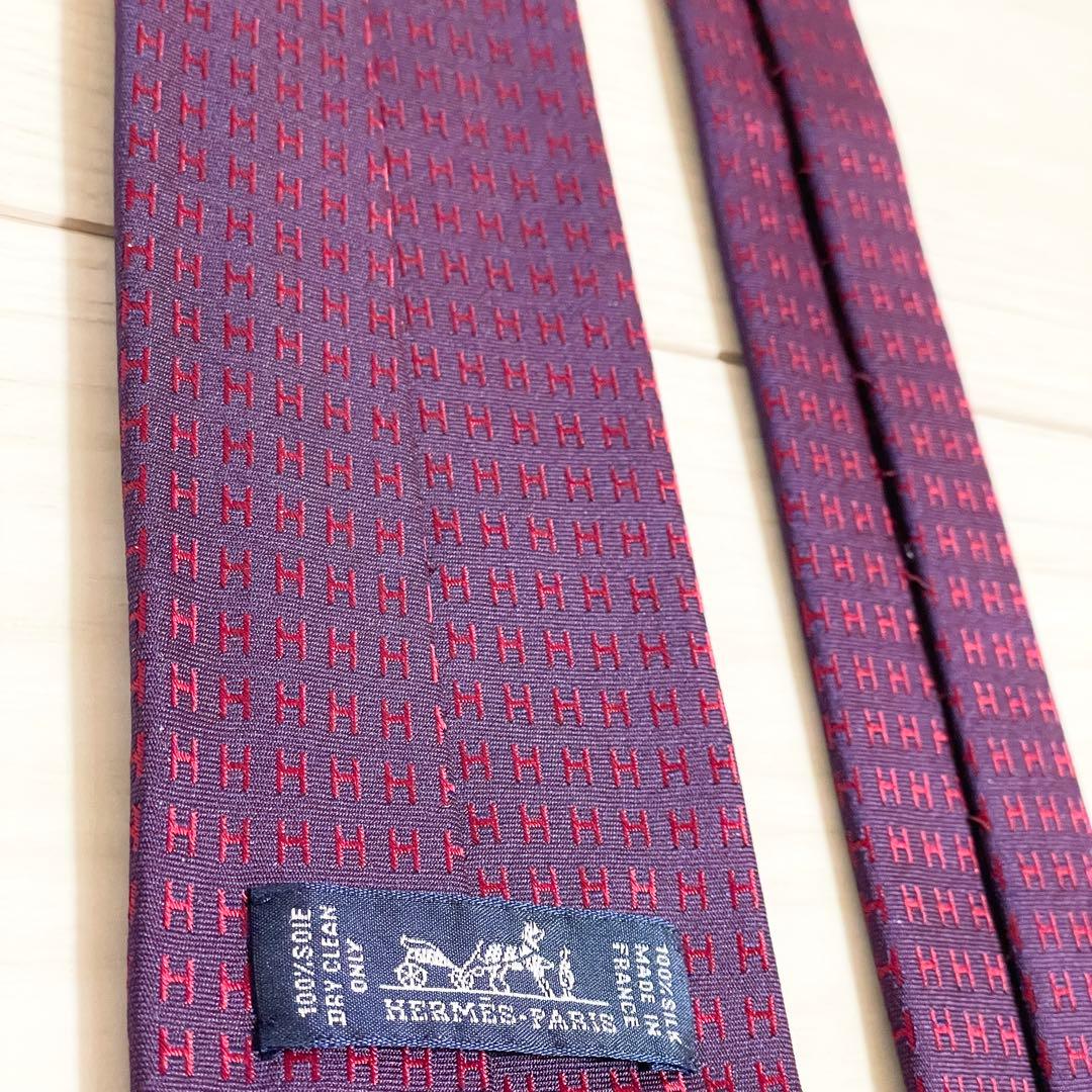 美品　HERMES　エルメス　ネクタイ　ファソネ　H柄　H織　ワインレッド　光沢