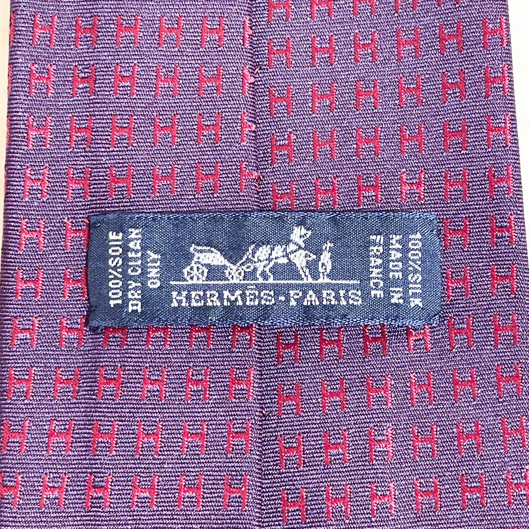美品　HERMES　エルメス　ネクタイ　ファソネ　H柄　H織　ワインレッド　光沢