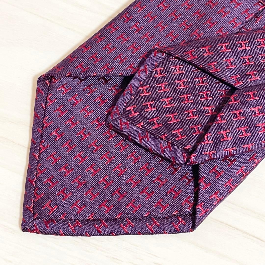 美品　HERMES　エルメス　ネクタイ　ファソネ　H柄　H織　ワインレッド　光沢