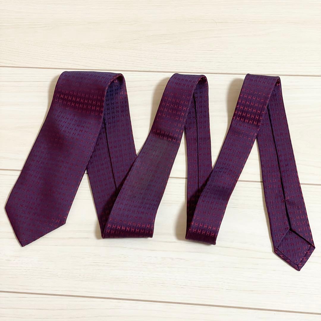 美品　HERMES　エルメス　ネクタイ　ファソネ　H柄　H織　ワインレッド　光沢