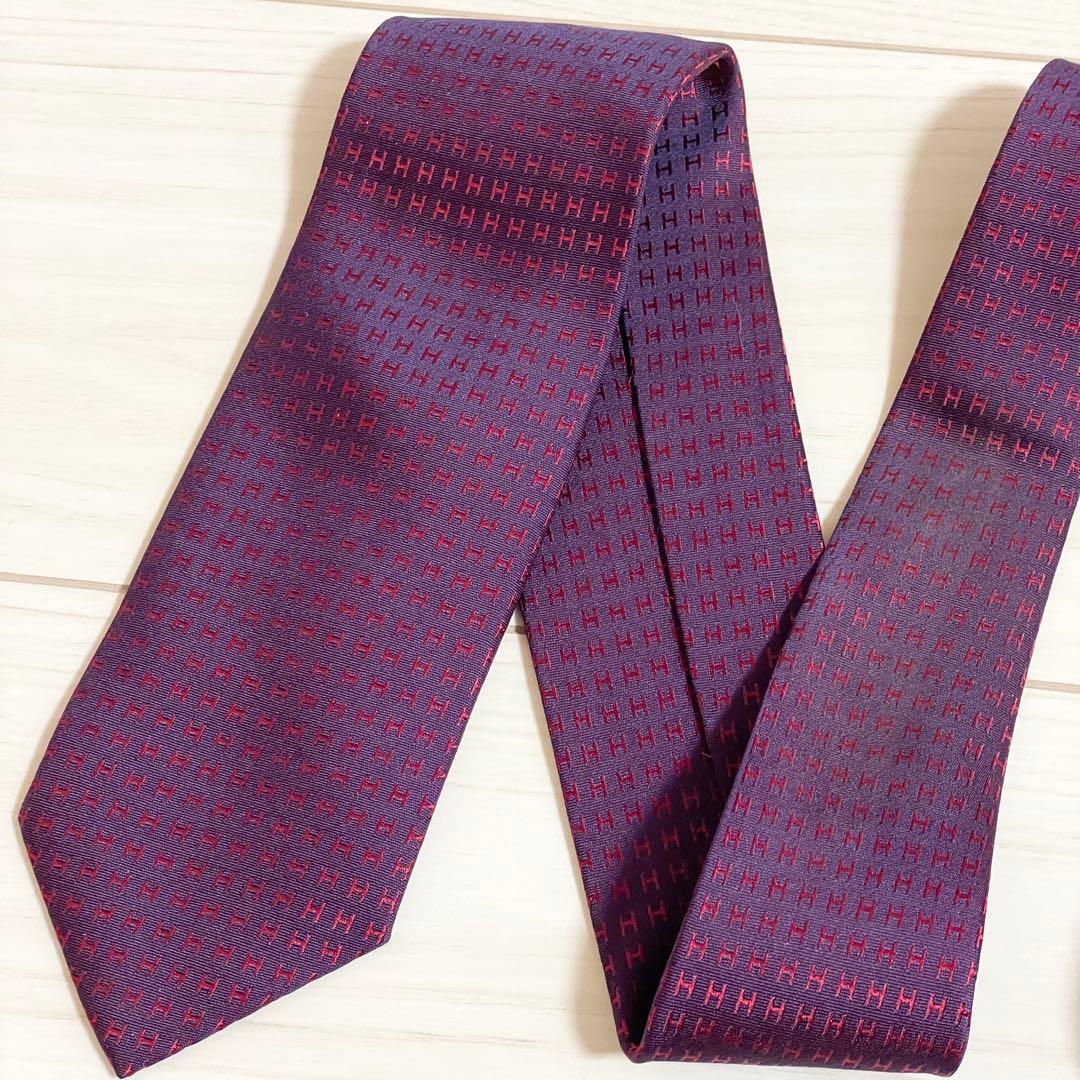 美品　HERMES　エルメス　ネクタイ　ファソネ　H柄　H織　ワインレッド　光沢