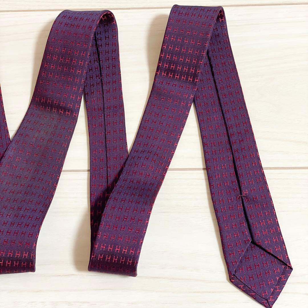 美品　HERMES　エルメス　ネクタイ　ファソネ　H柄　H織　ワインレッド　光沢