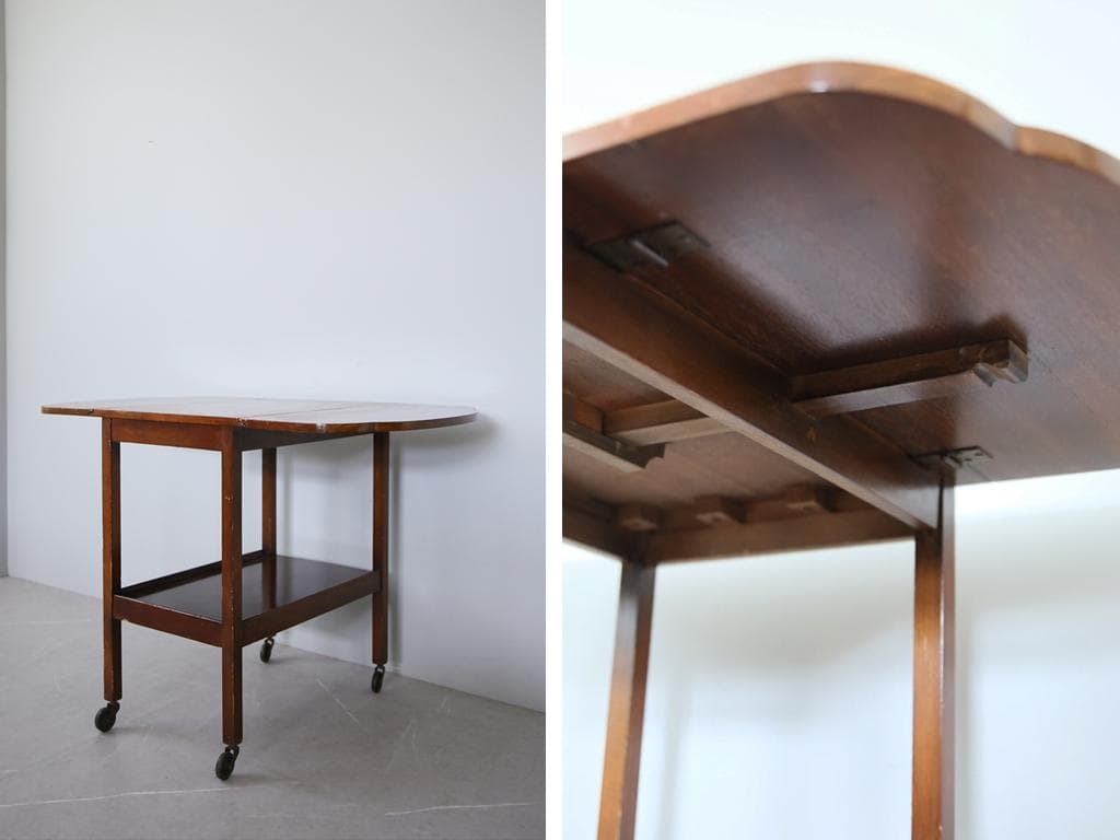 英国アンティーク木製ドロップリーフトロリーテーブル/収納式ワゴン机(89-197