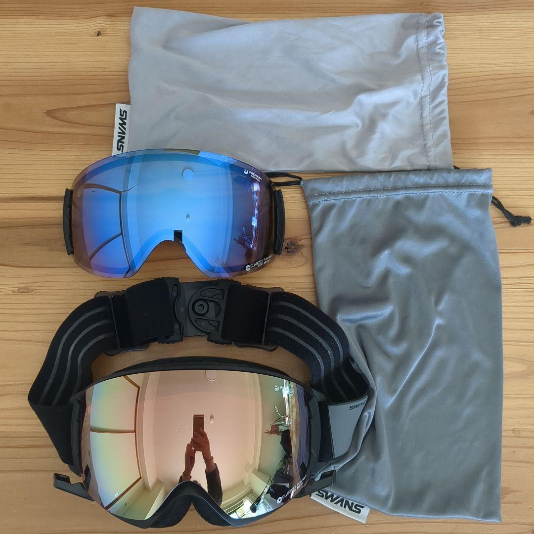 SWANS スキーゴーグル 青/黒 収納袋付き