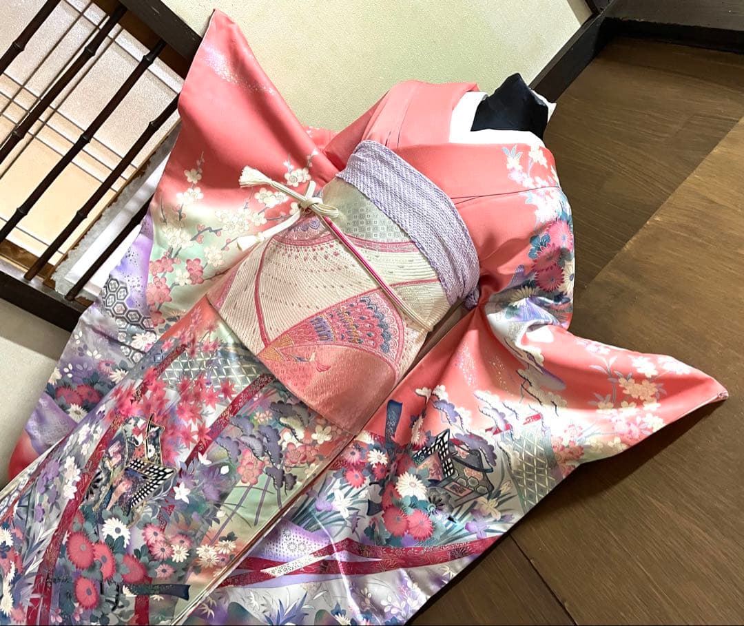 振袖 フルセット6点サイズM〜Ｌ駒刺繍　御所車花文　暈し染め　金彩正絹