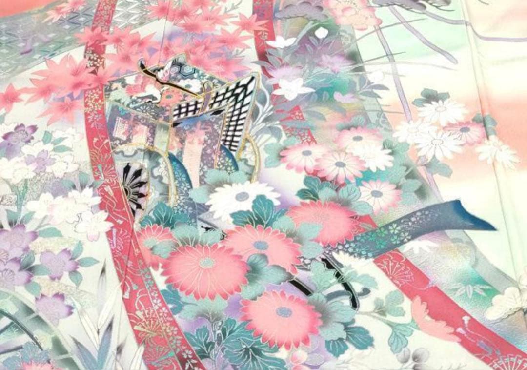 振袖 フルセット6点サイズM〜Ｌ駒刺繍　御所車花文　暈し染め　金彩正絹