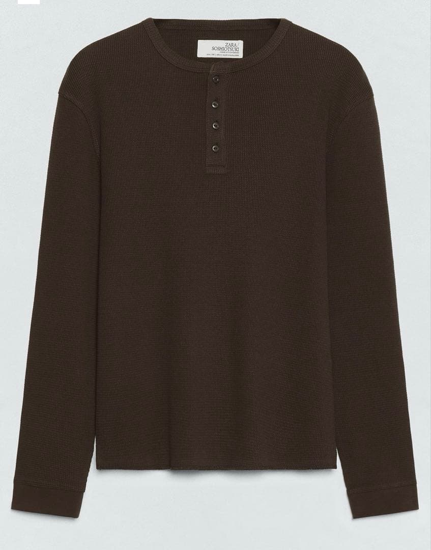 zara soshiotsuki ヘンリーネックワッフルTシャツ　ブラウン