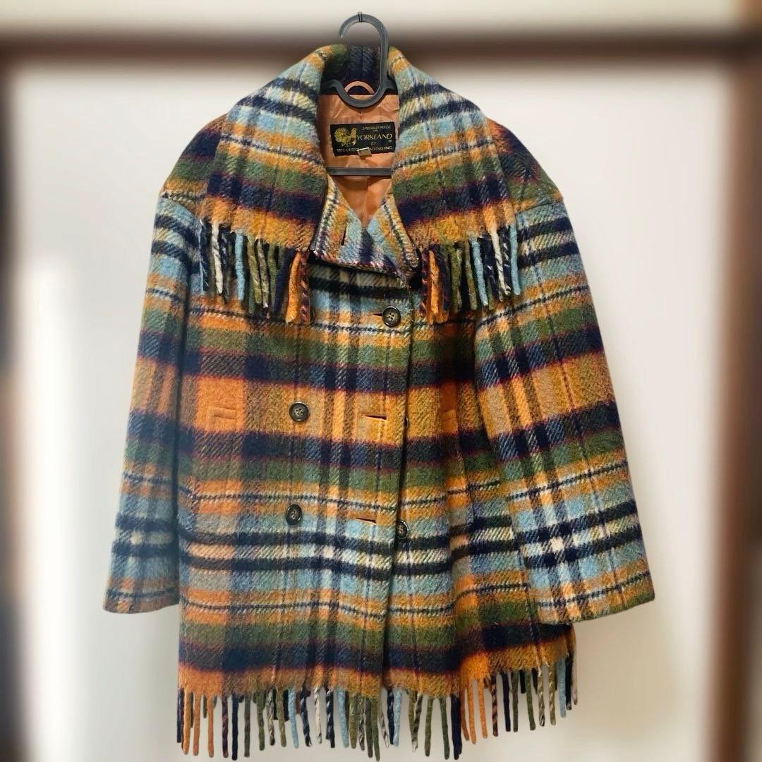 YORKLAND チェック フリンジ ダブルコート ヨークランド vintage