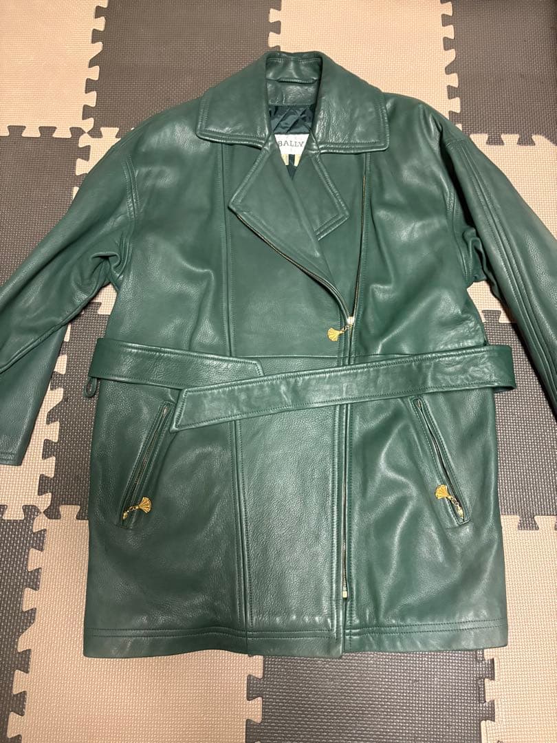 BALLY グリーン　カーキ　 レザー ロングコート ベルト付き
