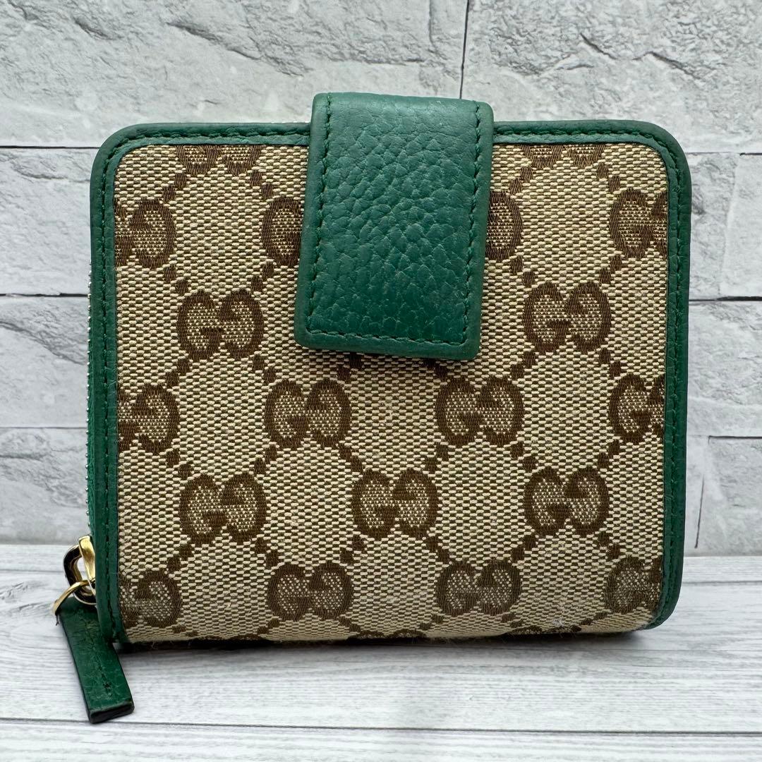 【美品】GUCCI　二つ折り財布　ラウンドジップ　 GG柄　キャンバス グリーン