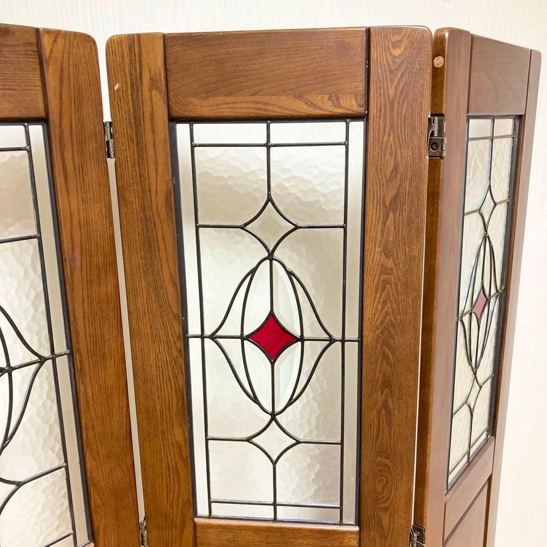 ステンドグラス 木製 パーテーション 3連 アンティーク調 間仕切り 衝立