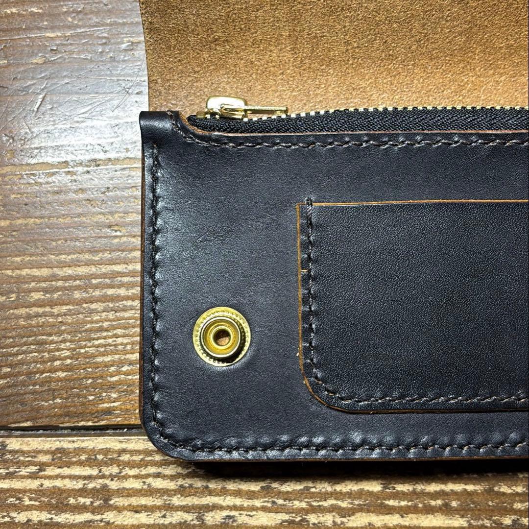 たつのハンドワックスレザー茶芯ハンドメイドトラッカーウォレット タロンジップ