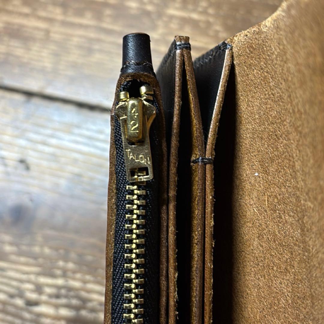 たつのハンドワックスレザー茶芯ハンドメイドトラッカーウォレット タロンジップ