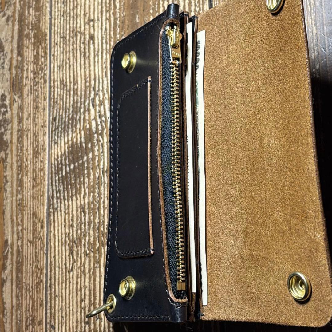 たつのハンドワックスレザー茶芯ハンドメイドトラッカーウォレット タロンジップ