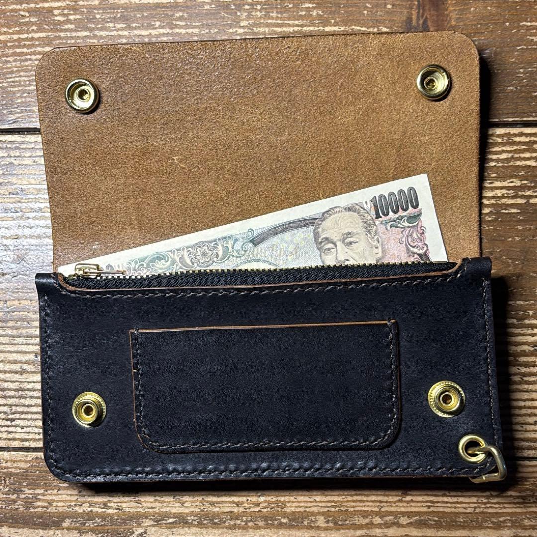 たつのハンドワックスレザー茶芯ハンドメイドトラッカーウォレット タロンジップ