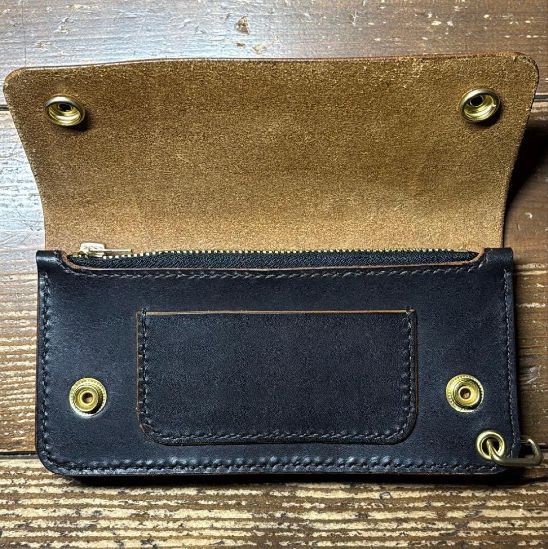 たつのハンドワックスレザー茶芯ハンドメイドトラッカーウォレット タロンジップ