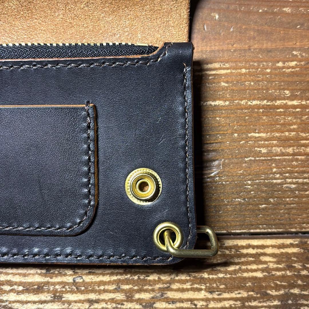 たつのハンドワックスレザー茶芯ハンドメイドトラッカーウォレット タロンジップ