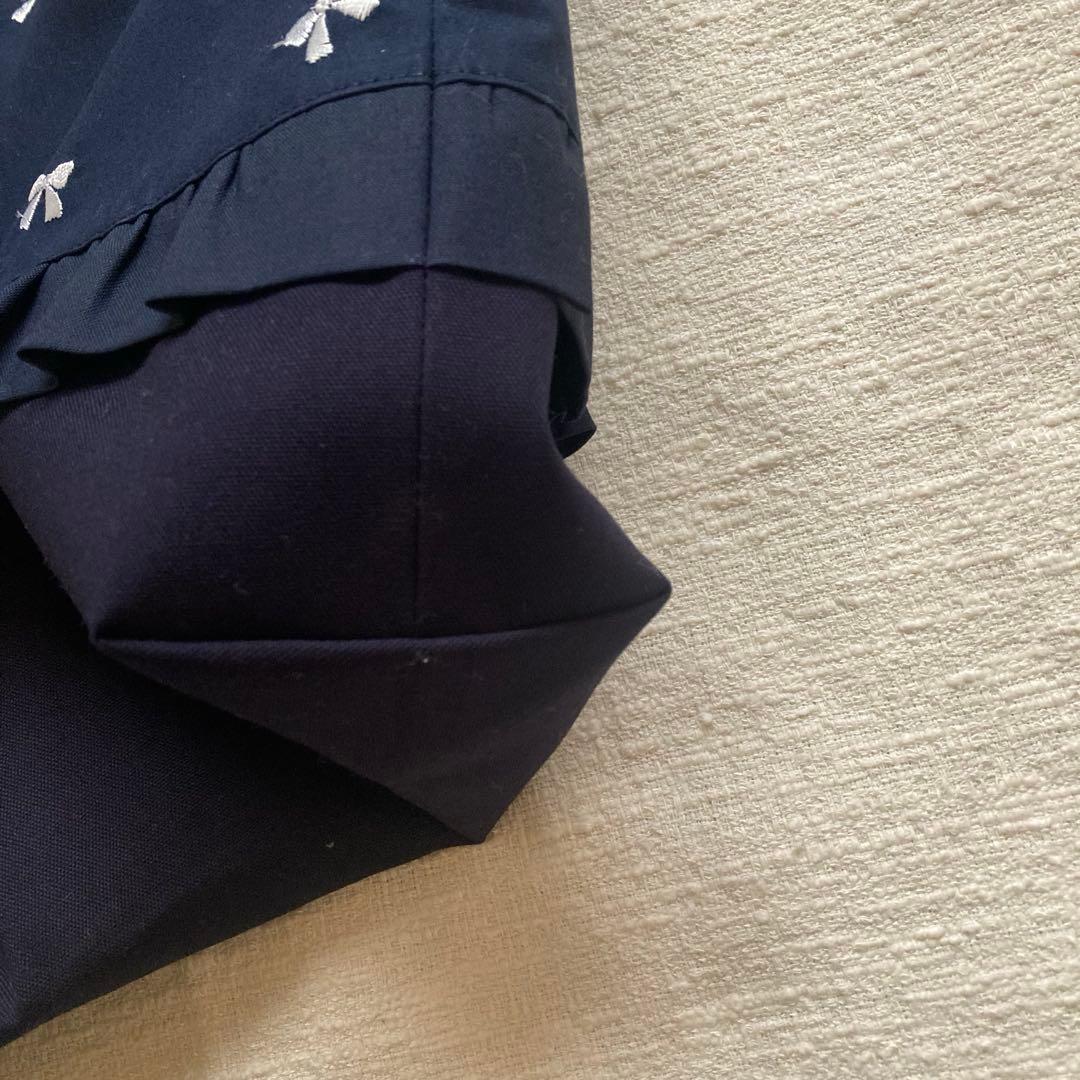 ルト！リボン刺繍ネイビーフリルレッスンバッグ+上履き袋　ハンドメイド