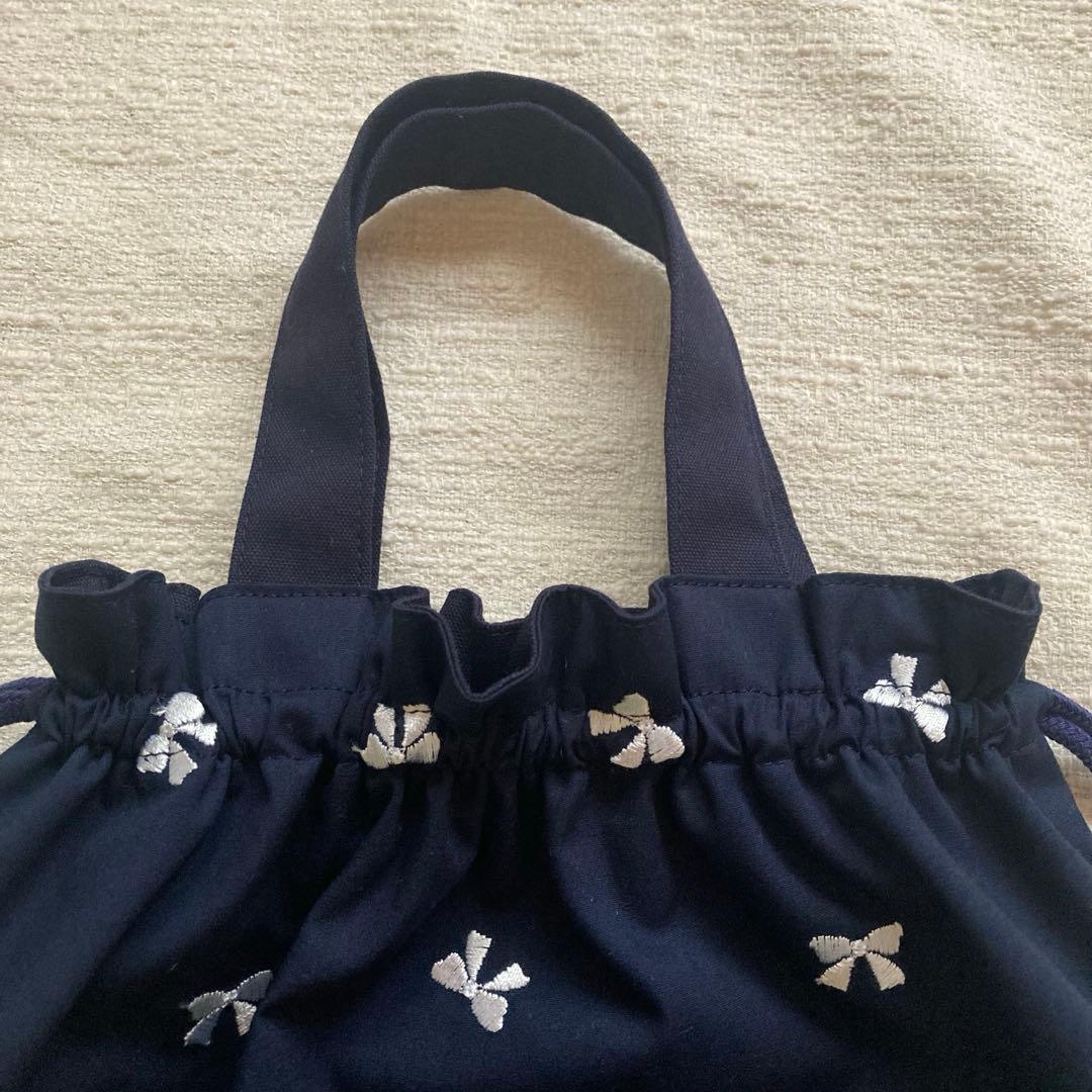 ルト！リボン刺繍ネイビーフリルレッスンバッグ+上履き袋　ハンドメイド