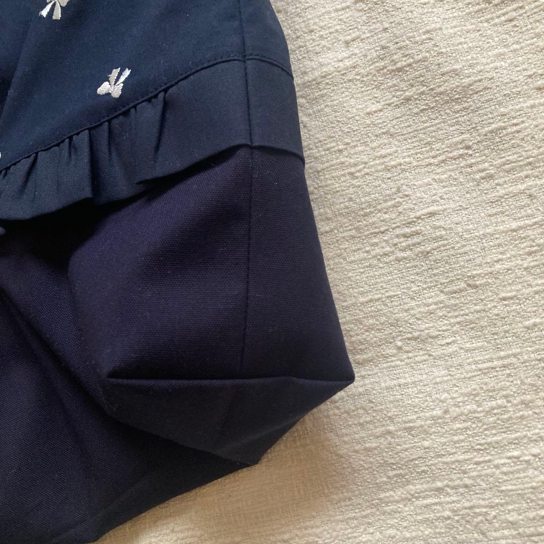 ルト！リボン刺繍ネイビーフリルレッスンバッグ+上履き袋　ハンドメイド