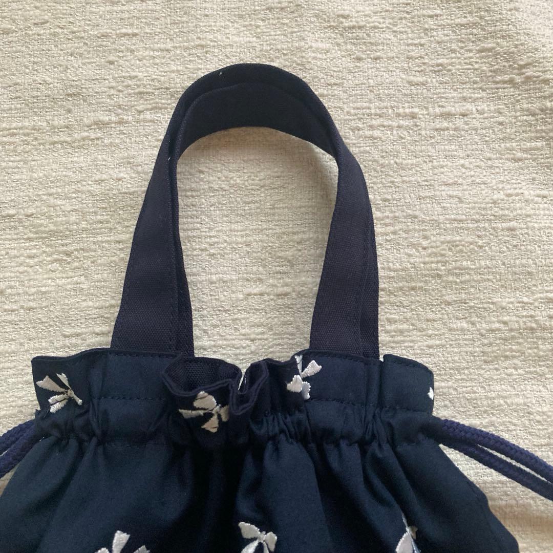 ルト！リボン刺繍ネイビーフリルレッスンバッグ+上履き袋　ハンドメイド