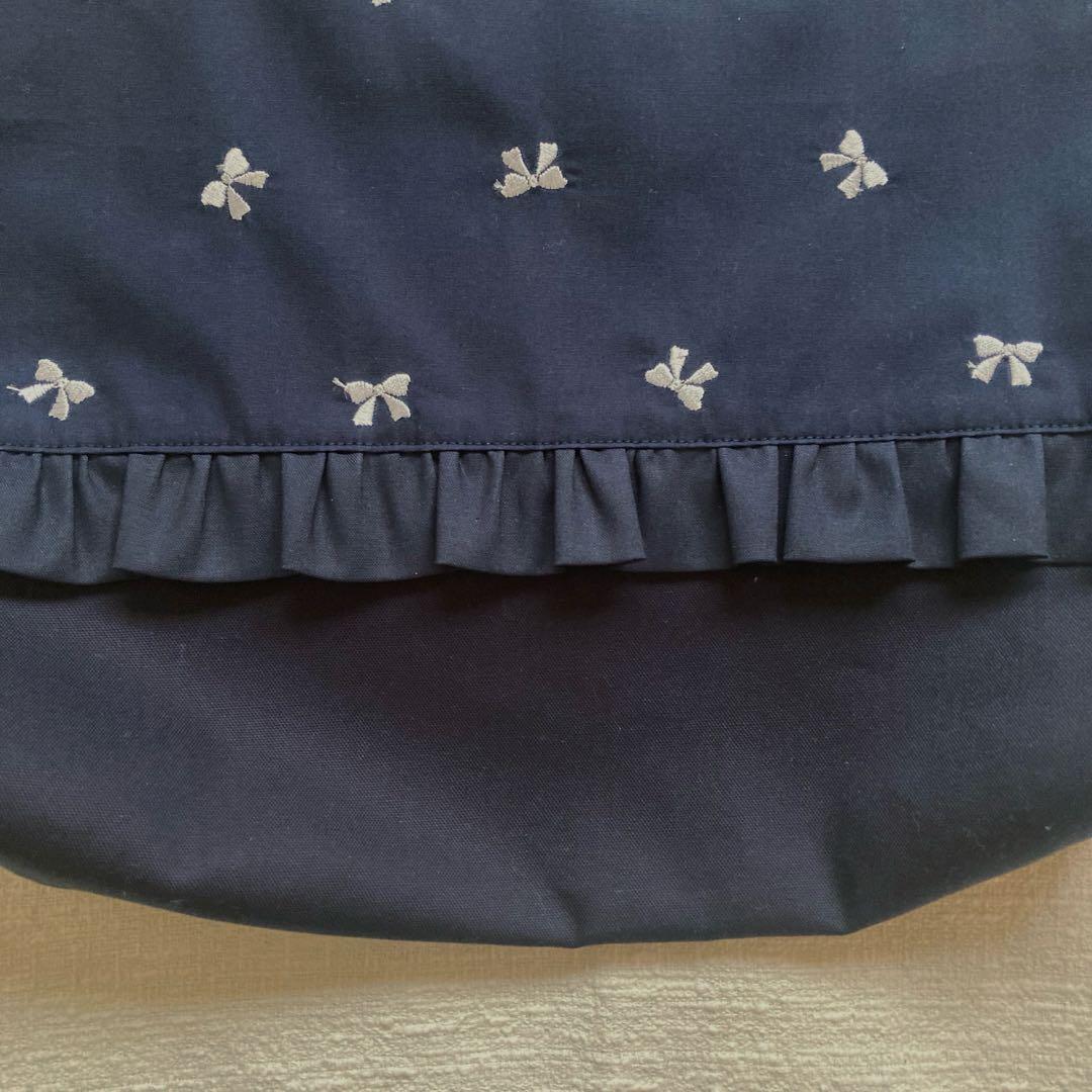 ルト！リボン刺繍ネイビーフリルレッスンバッグ+上履き袋　ハンドメイド