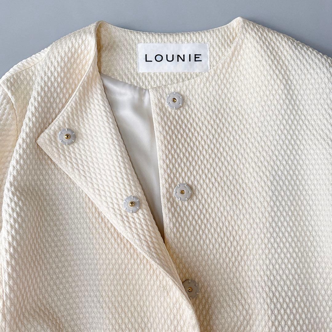 美品⁑ルーニィ　ジャカードバルーンアウター　オフホワイト　ノーカラージャケット