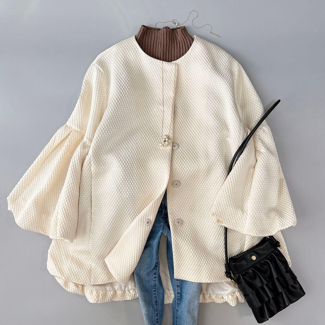 美品⁑ルーニィ　ジャカードバルーンアウター　オフホワイト　ノーカラージャケット