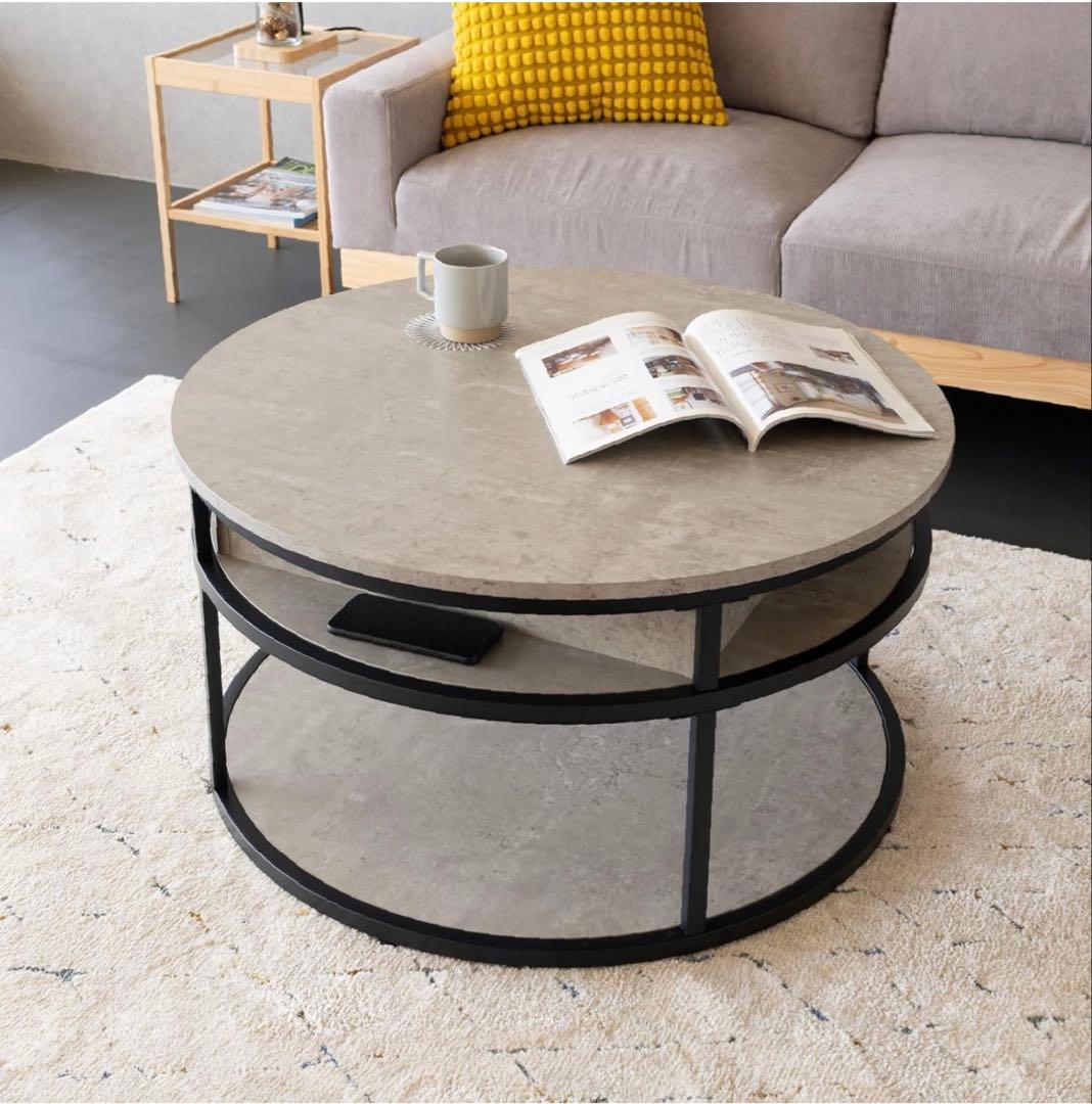 昇降式 ローテーブル 丸テーブル 80cm 高さ43.5cm/66cm グレー